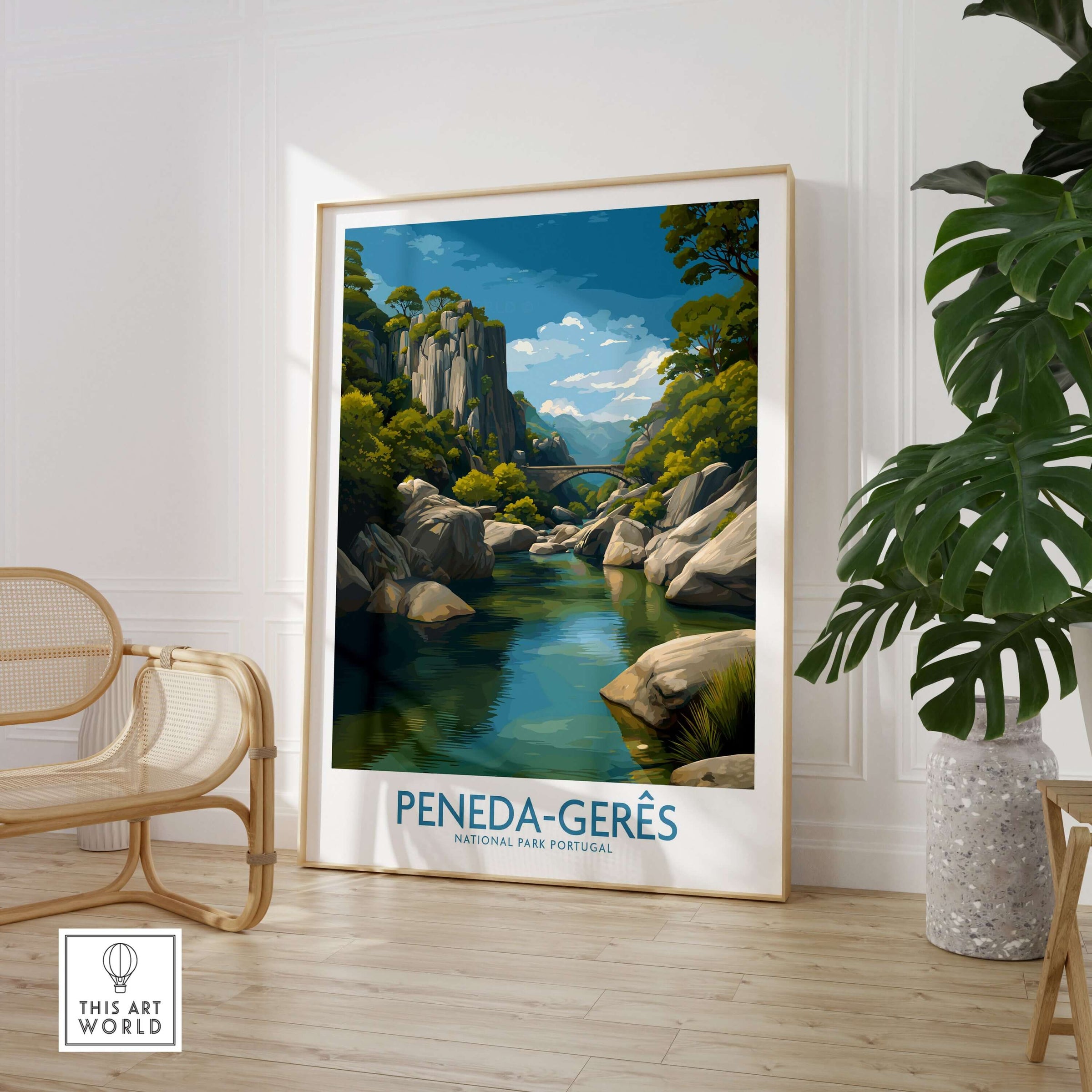 Peneda-Gerês Portugal Art Print | River Valley Landscape Poster showcasing a tranquil river surrounded by lush greenery.