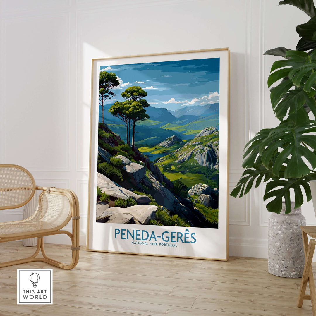 Peneda-Gerês Portugal Art Print | Rocky Landscape Poster featuring a vibrant depiction of rocky mountains and trees.
