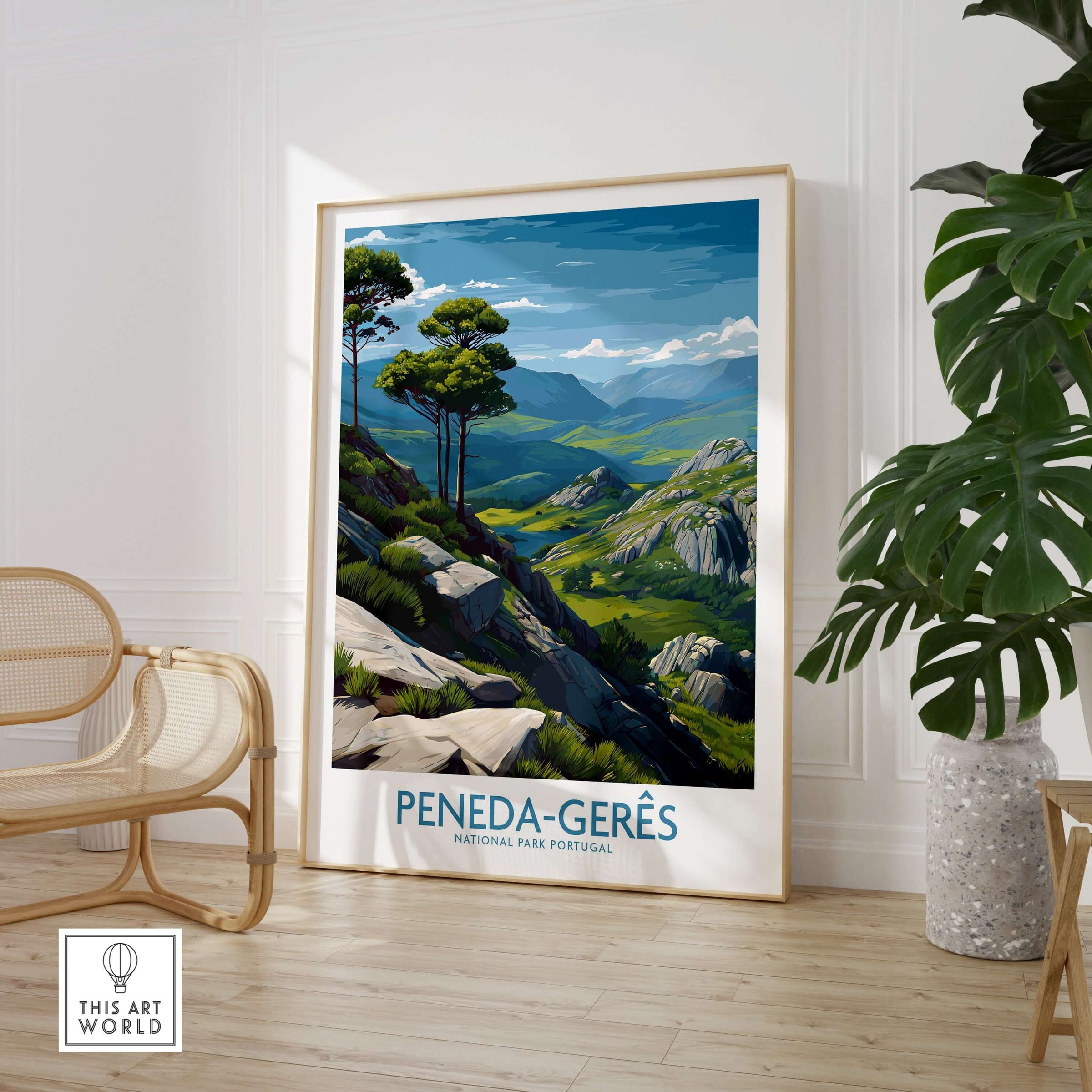 Peneda-Gerês Portugal Art Print | Rocky Landscape Poster featuring scenic mountains and trees in a modern interior setting.