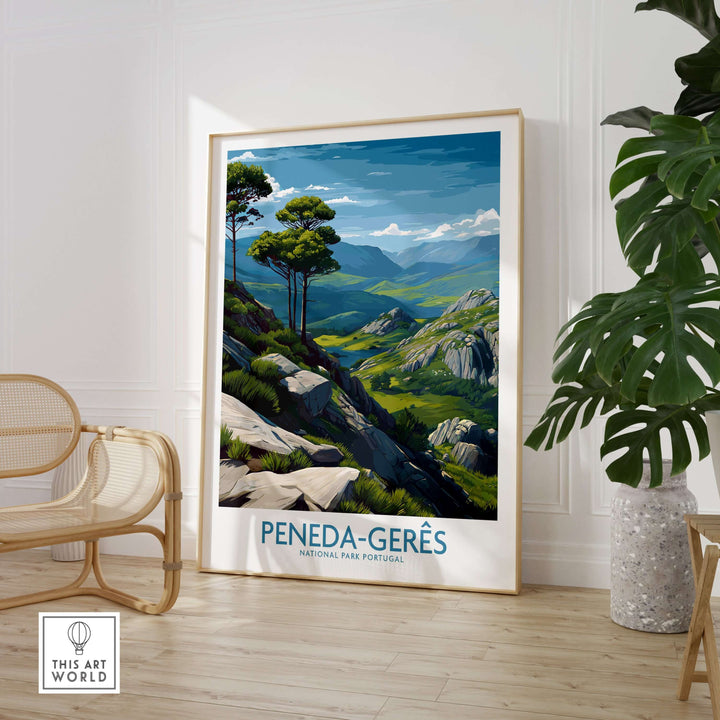 Peneda-Gerês Portugal Art Print | Rocky Landscape Poster featuring a vibrant depiction of rocky mountains and trees.
