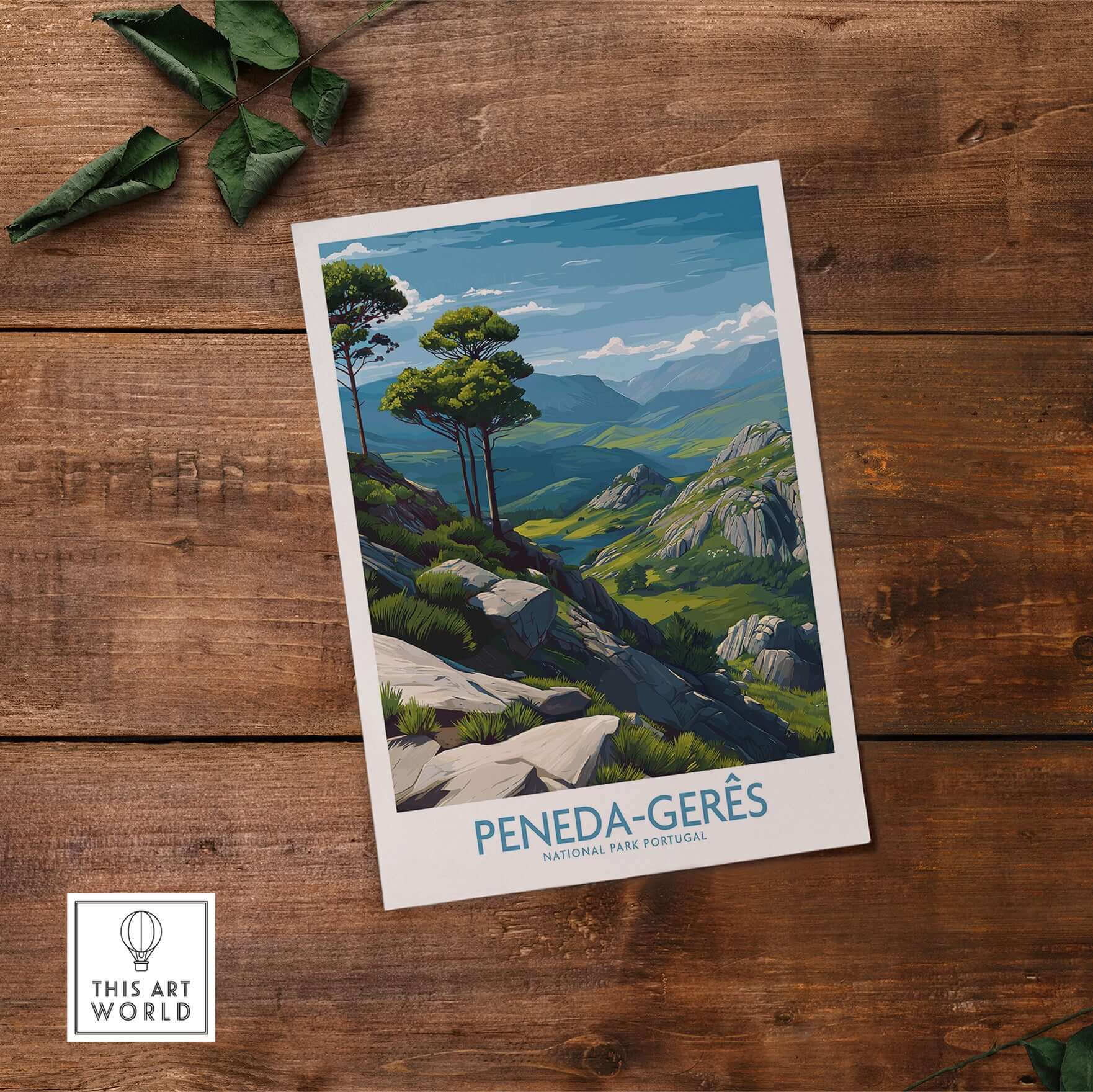 Peneda-Gerês Portugal Art Print | Rocky Landscape Poster featuring lush hills and trees in vibrant colors.