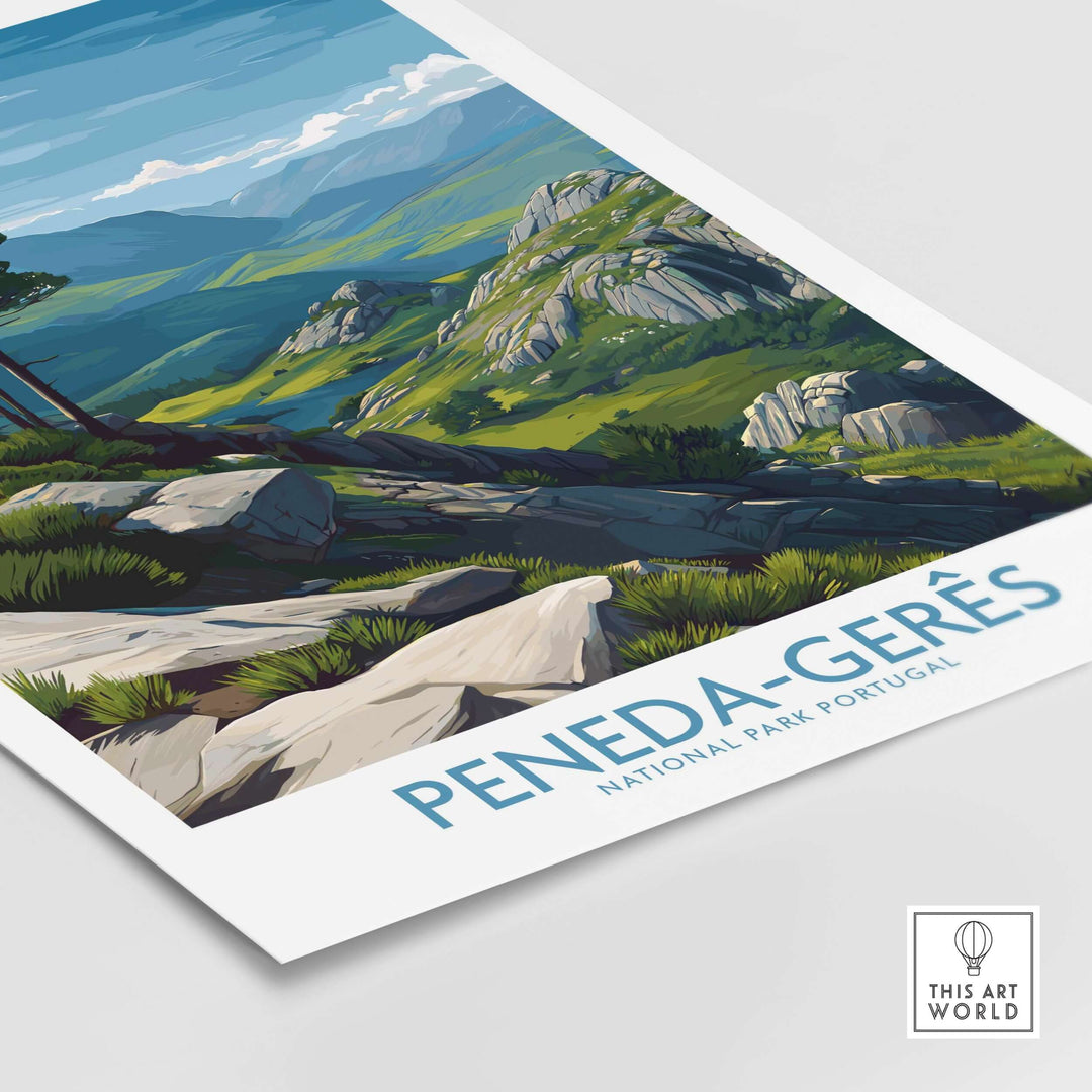 Peneda-Gerês Portugal Art Print | Rocky Landscape Poster featuring a colorful view of rocky hills and lush greenery.