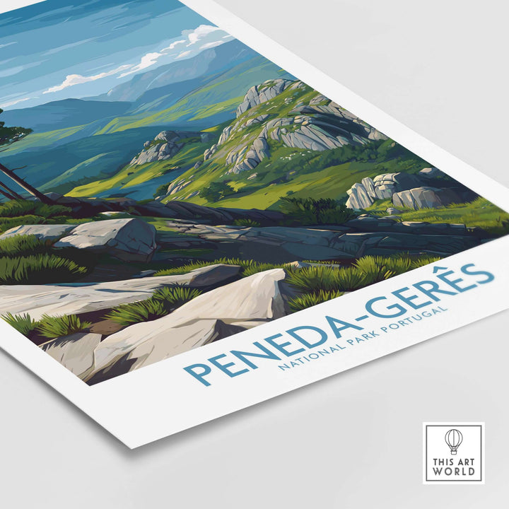 Peneda-Gerês Portugal Art Print | Rocky Landscape Poster featuring a colorful view of rocky hills and lush greenery.
