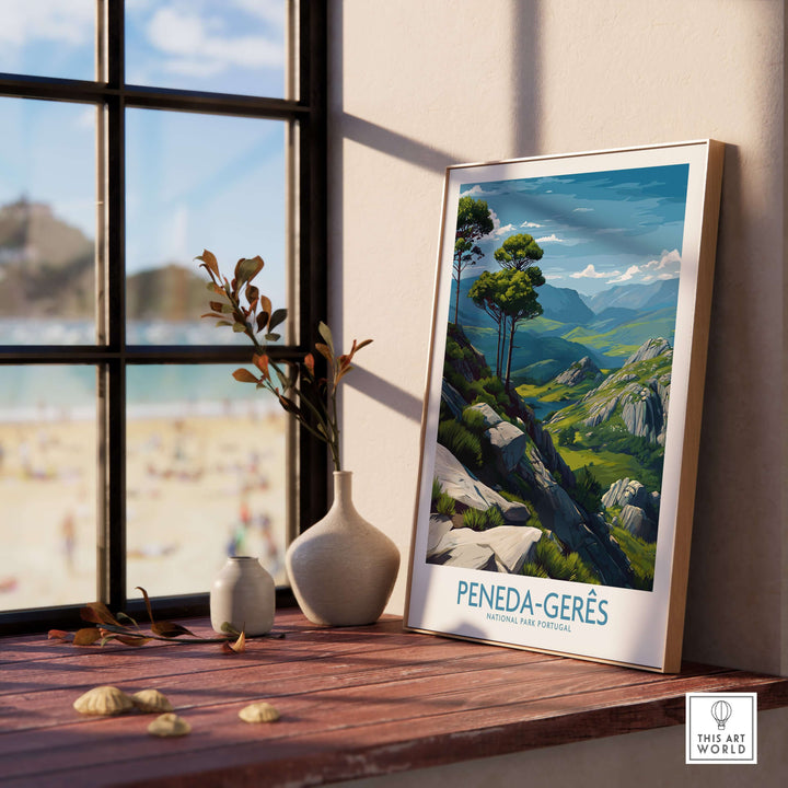 Peneda-Gerês Portugal Art Print | Rocky Landscape Poster showcasing rocky terrain and vibrant greenery by a window.