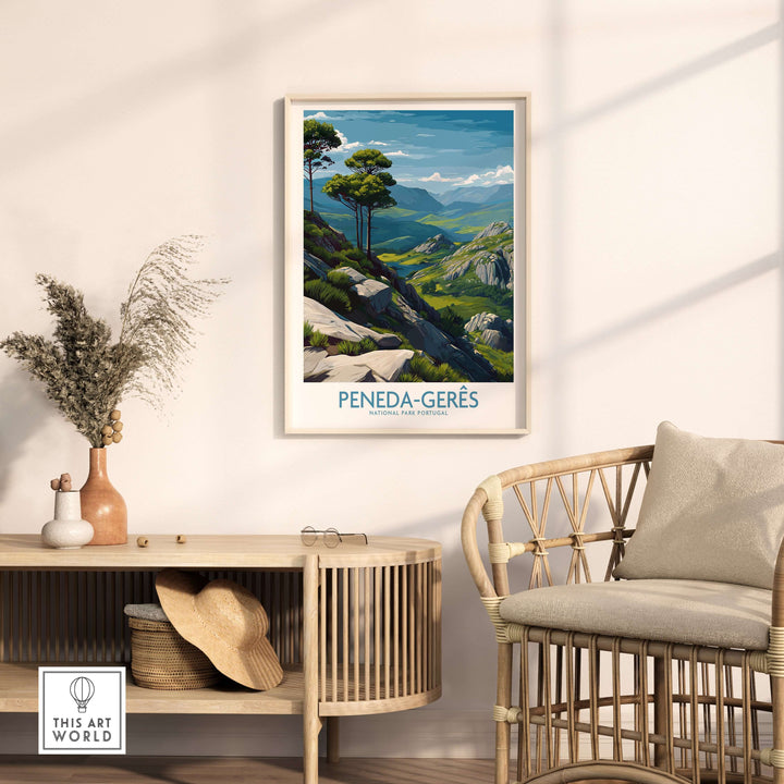 Peneda-Gerês Portugal Art Print | Rocky Landscape Poster showcasing a stunning mountainous view with trees and rocky terrain.