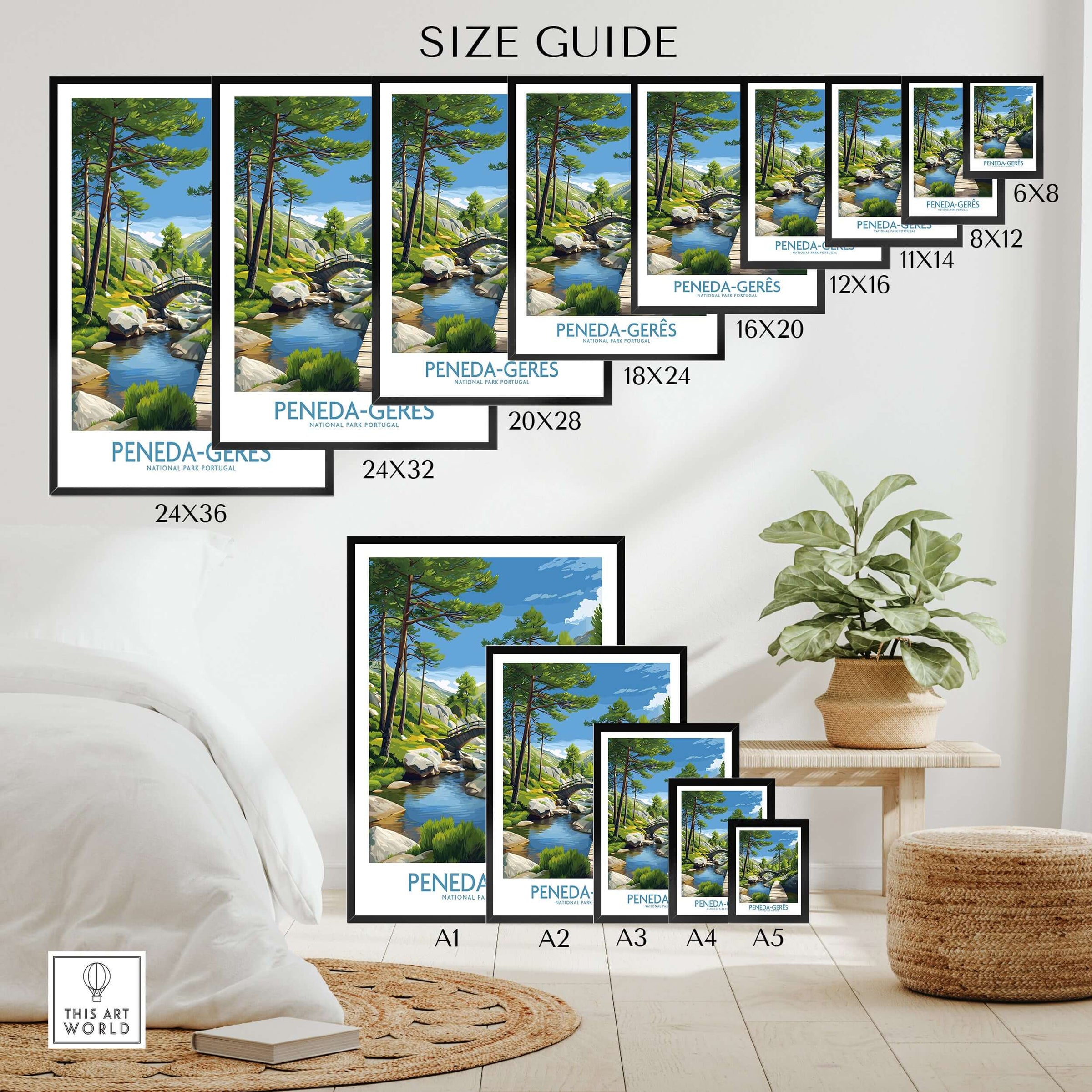 Peneda-Gerês Portugal Art Print | National Park Nature Poster size guide showcasing various print dimensions.