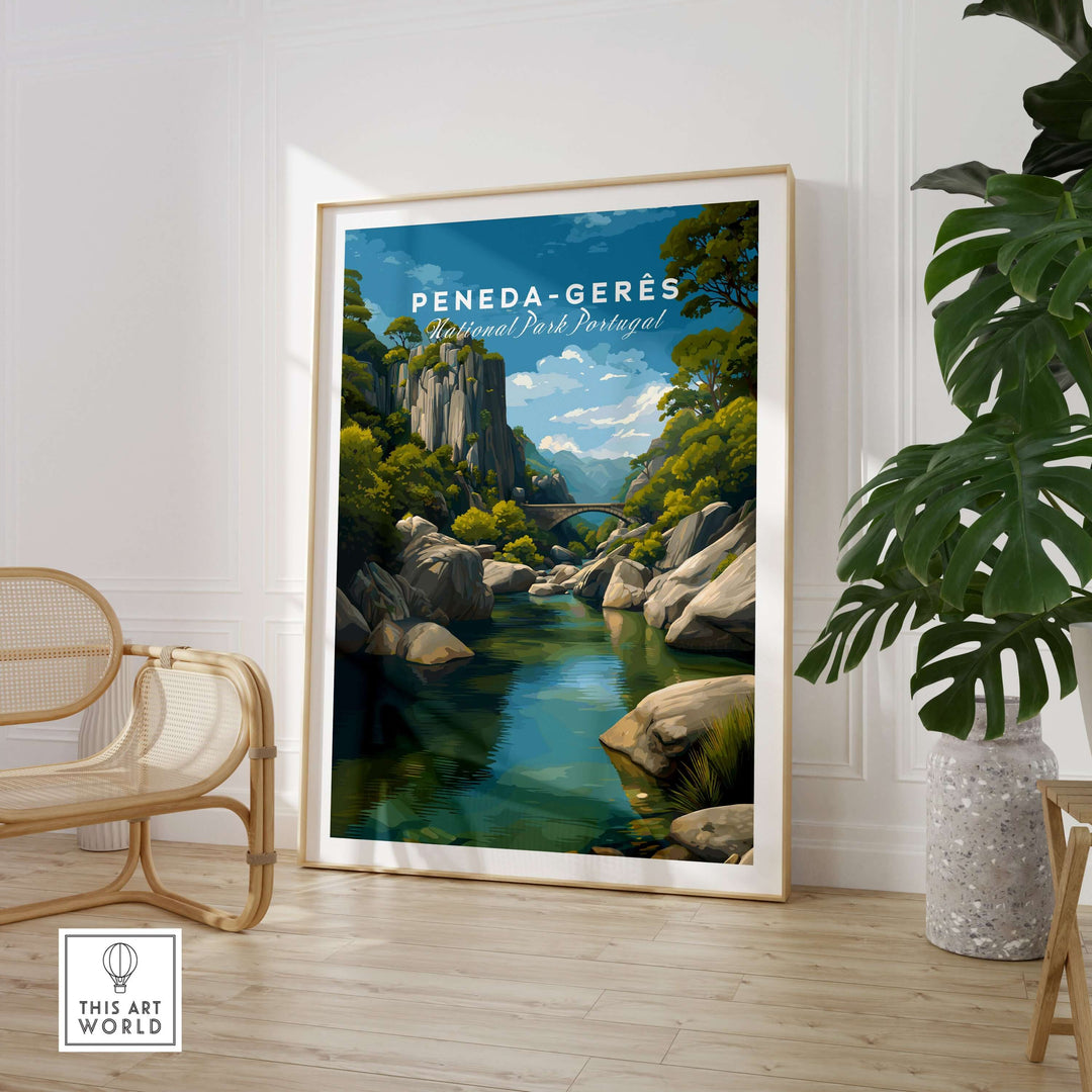 Peneda-Gerês Portugal Print | Mountain Park Wall Decor framed in modern living room setting with green plants.