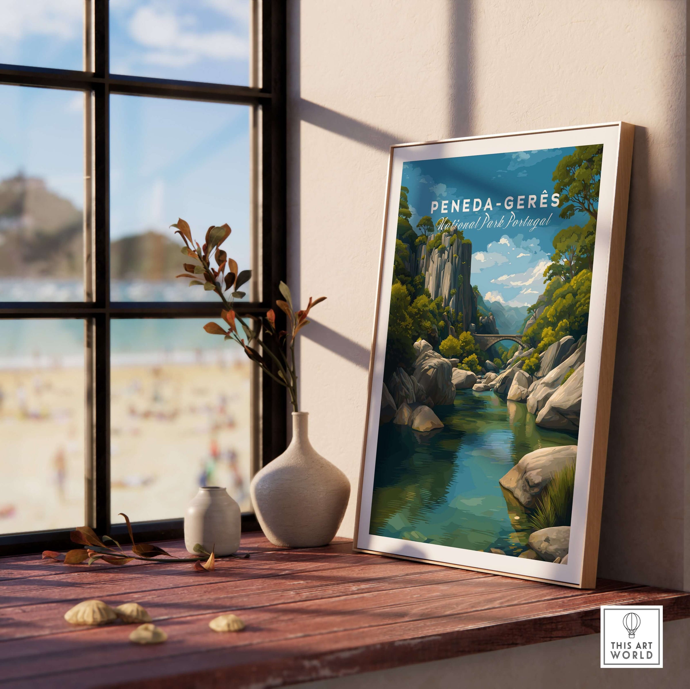 Peneda-Gerês Portugal Print | Mountain Park Wall Decor displayed on a sunny windowsill with a beach view.