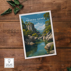 Peneda-Gerês Portugal Print | Mountain Park Wall Decor featuring a serene river and lush greenery in a scenic landscape.