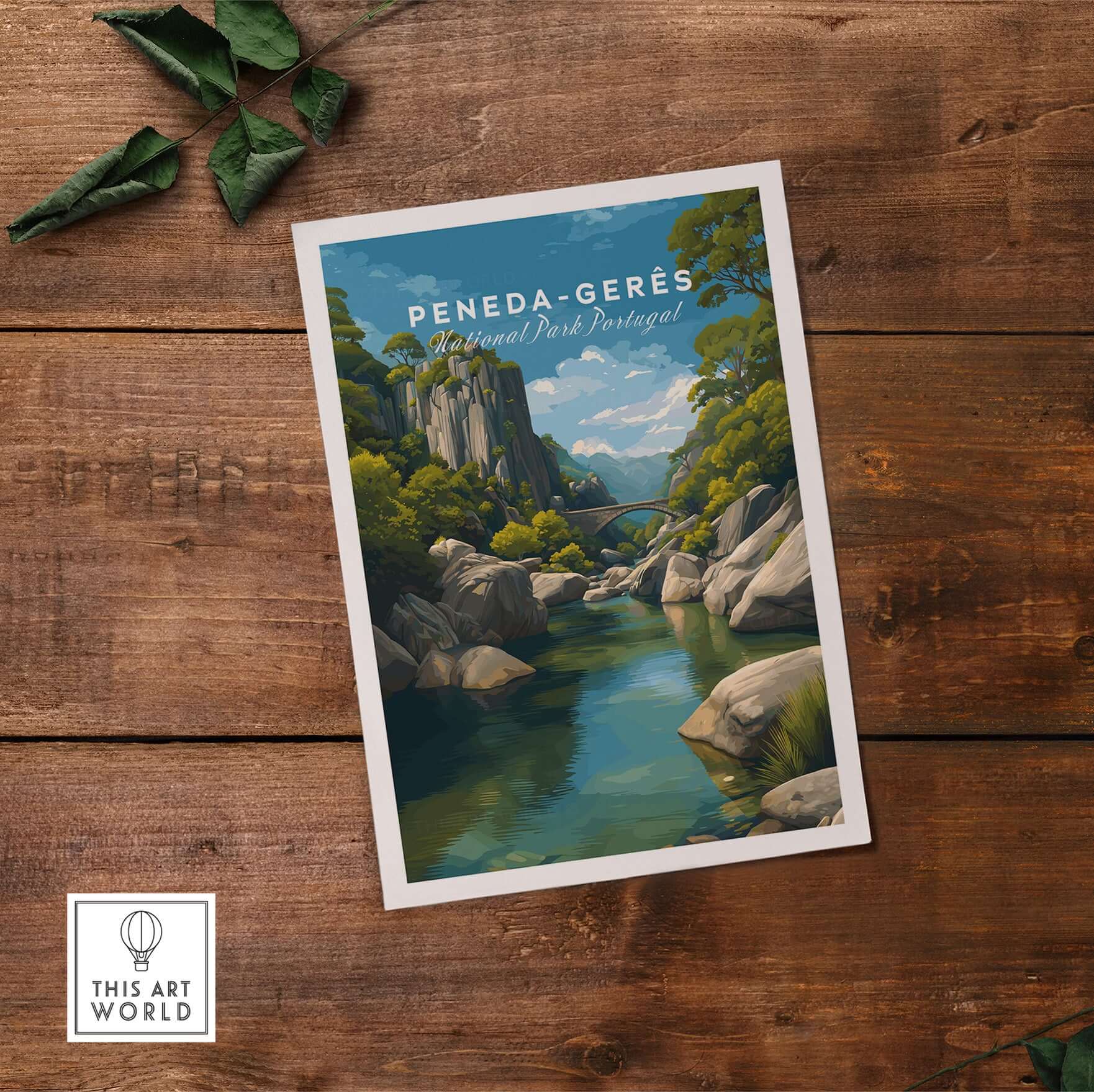 Peneda-Gerês Portugal Print | Mountain Park Wall Decor featuring a serene river and lush greenery in a scenic landscape.