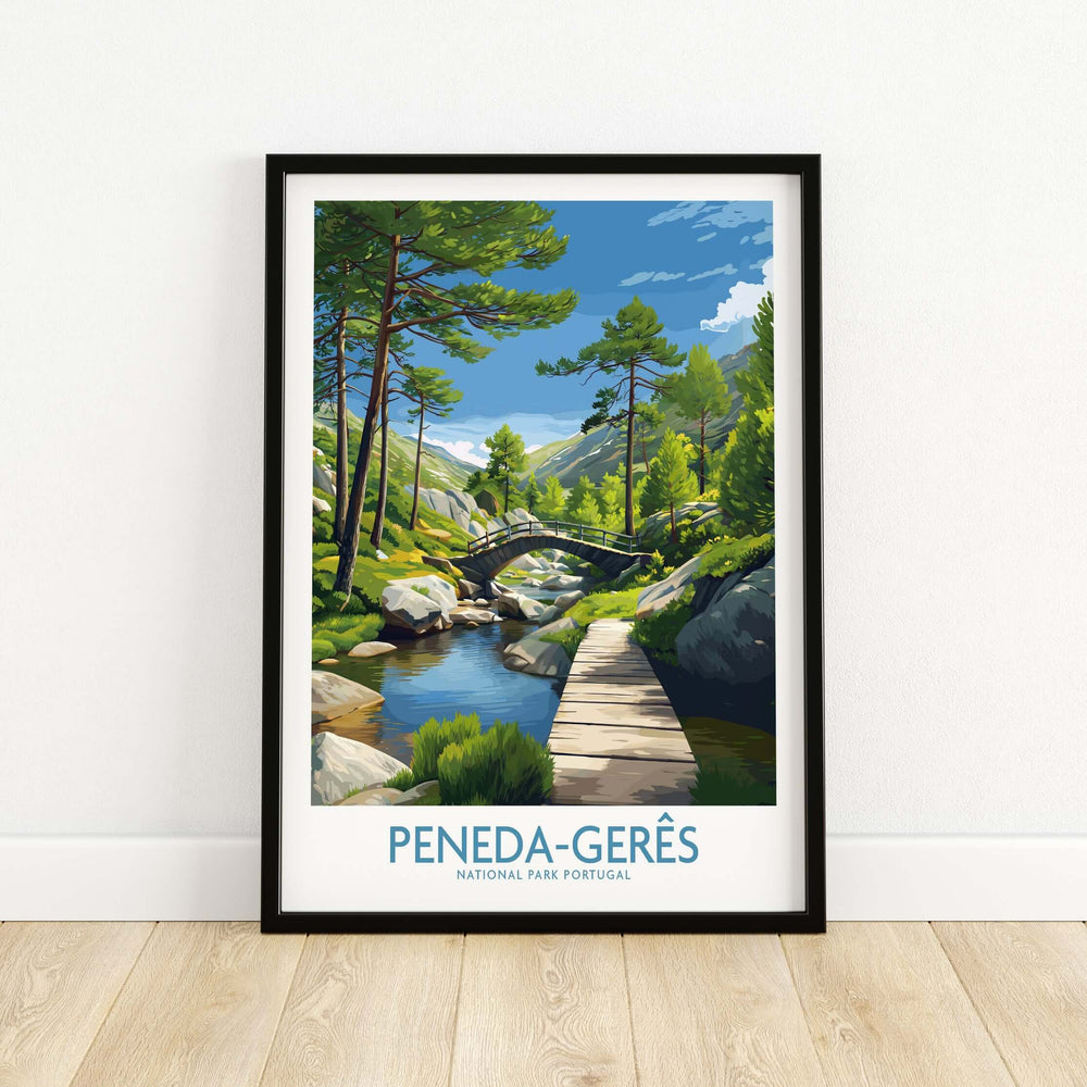 Peneda-Gerês Portugal Art Print | National Park Nature Poster featuring a serene landscape with a bridge and lush greenery.
