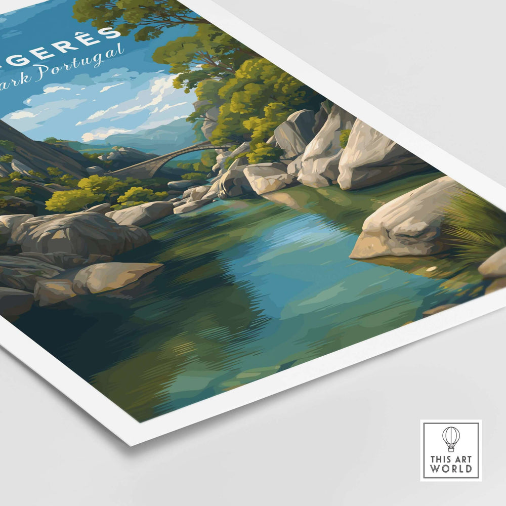 Peneda-Gerês Portugal Print | Mountain Park Wall Decor showcasing a tranquil river and lush greenery in a stunning landscape.