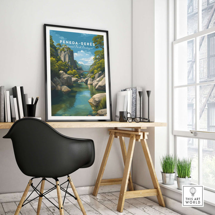 Peneda-Gerês Portugal Print | Mountain Park Wall Decor displayed in a modern office setting with a stylish chair and desk.