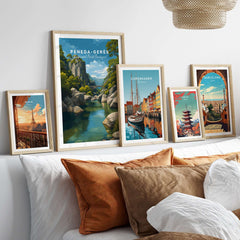 Peneda-Gerês Portugal Print | Mountain Park Wall Decor displayed among other travel prints in a cozy living room setting.