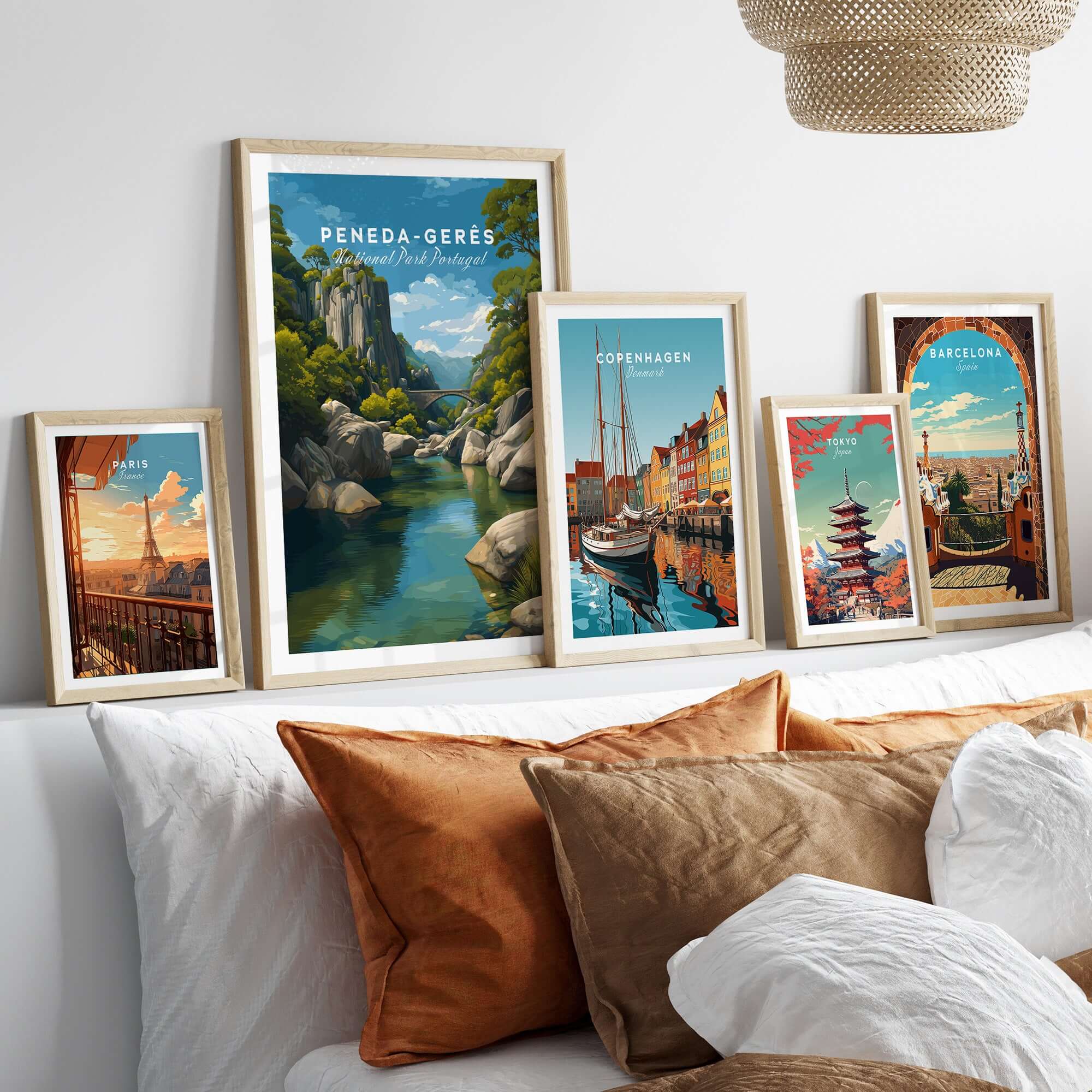 Peneda-Gerês Portugal Print | Mountain Park Wall Decor displayed among other travel prints in a cozy living room setting.