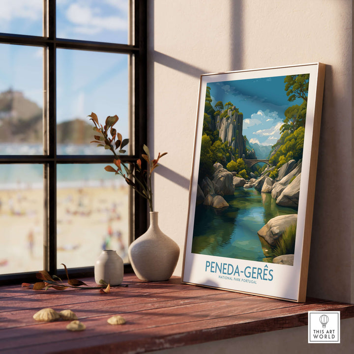 Peneda-Gerês Portugal Art Print | River Valley Landscape Poster displayed on a shelf by a window.