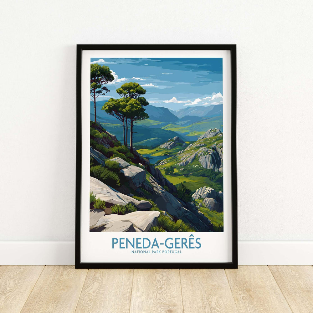 Peneda-Gerês Portugal Art Print | Rocky Landscape Poster showcasing rocky formations and lush green scenery.