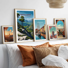 Peneda-Gerês Portugal Serra do Gerês View Print | Nature Park Wall Decor displayed among city prints on a stylish sofa.