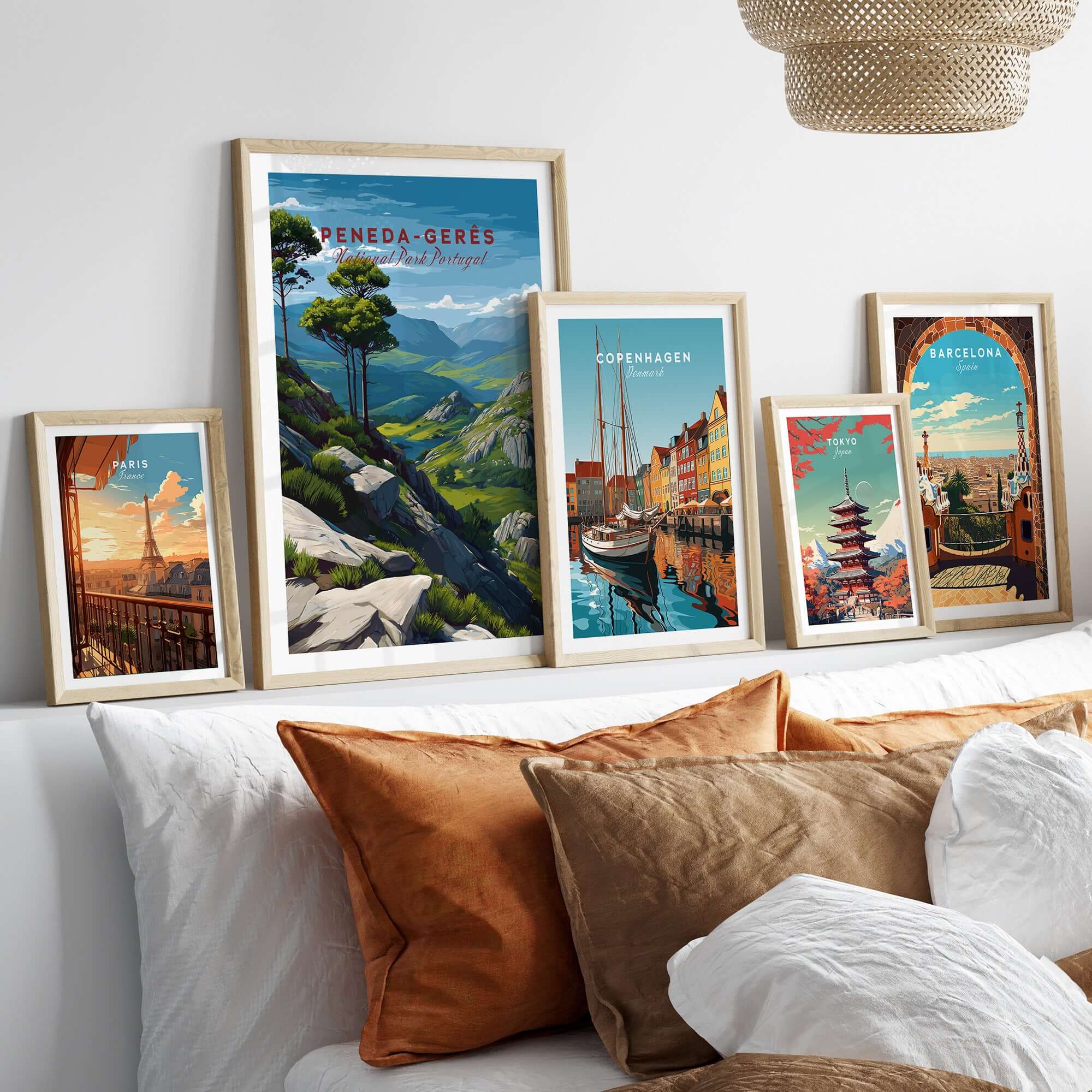 Peneda-Gerês Portugal Serra do Gerês View Print | Nature Park Wall Decor displayed among city prints on a stylish sofa.