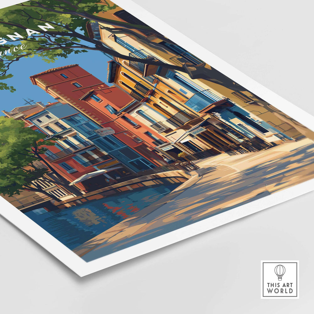 Vibrant Perpignan art print showcasing colorful houses in a French village, perfect for wall decor.