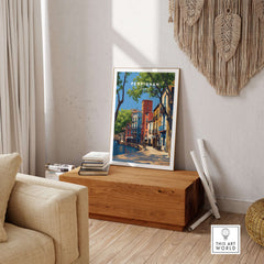 Perpignan Art Print - French Village Poster - Colorful Houses Wall Decor displayed in a cozy living room setting.