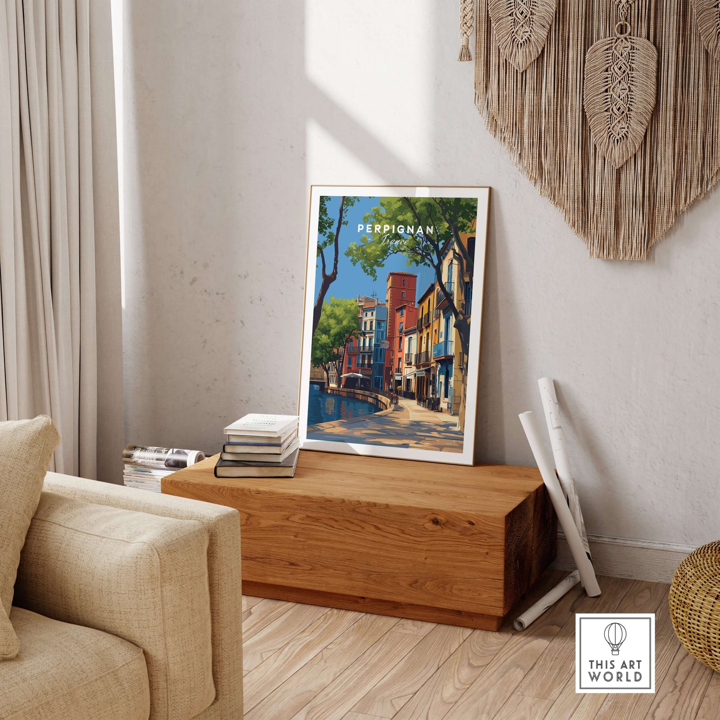 Perpignan Art Print - French Village Poster - Colorful Houses Wall Decor displayed in a cozy living room setting.