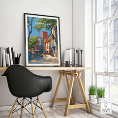 Perpignan Art Print - French Village Poster - Colorful Houses Wall Decor displayed in a stylish interior setting.