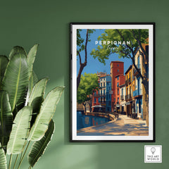 Perpignan Art Print - French Village Poster - Colorful Houses Wall Decor in vibrant colors on a wall.