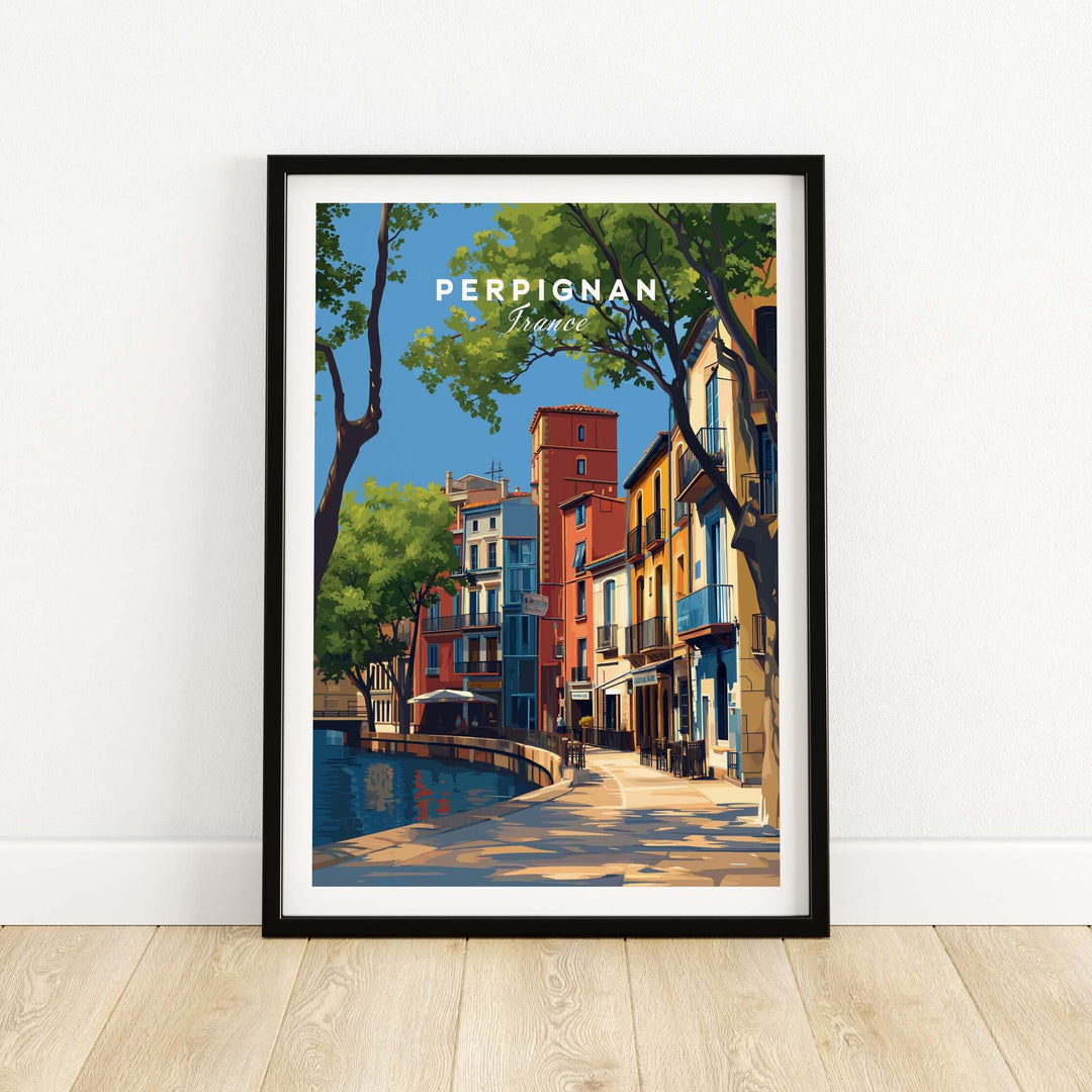 Perpignan art print featuring colorful houses by a canal, adding charm to French village decor.
