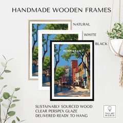 Perpignan Art Print - French Village Poster - Colorful Houses Wall Decor in handmade wooden frames available in natural, white, and black.