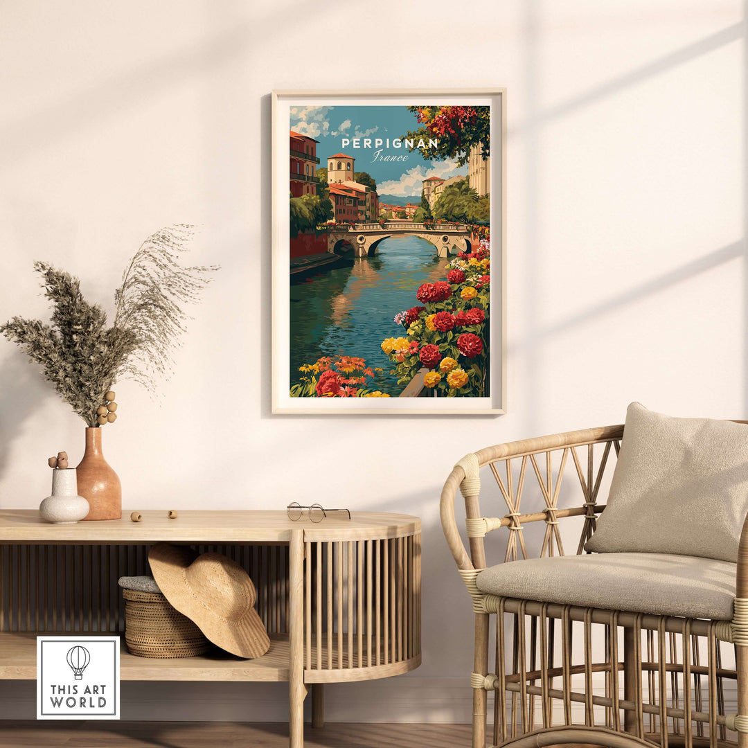 Perpignan cityscape art print showcasing River Le Basse with vibrant flowers in a cozy living space.
