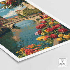 Perpignan Cityscape Art Print - French Village Poster - River Le Basse Wall Decor featuring vibrant flowers and a picturesque bridge.