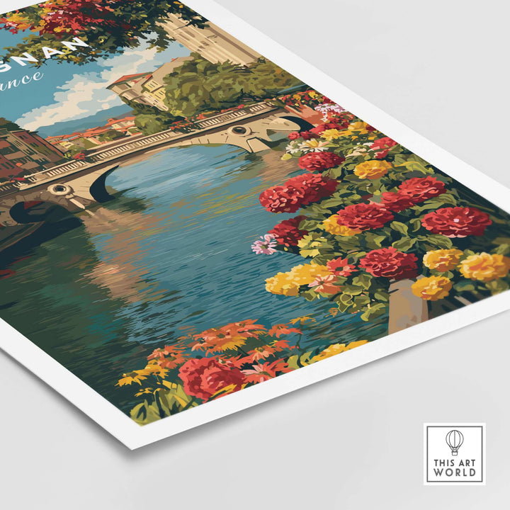 Perpignan Cityscape Art Print featuring a vibrant bridge over River Le Basse with colorful flowers, ideal for wall decor.