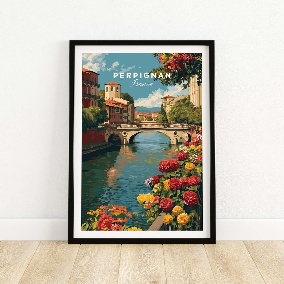 Perpignan cityscape art print featuring River Le Basse and colorful flowers, showcasing French village charm.