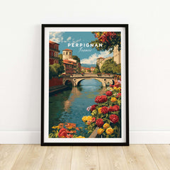 Perpignan Cityscape Art Print - French Village Poster - River Le Basse Wall Decor featuring scenic river view and flowers.