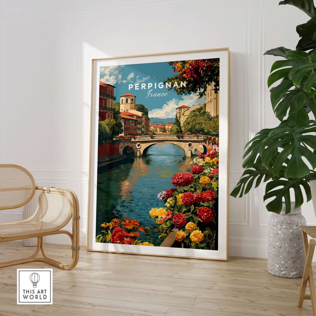 Perpignan cityscape art print featuring the River Le Basse and vibrant flowers in a stylish living room decor.