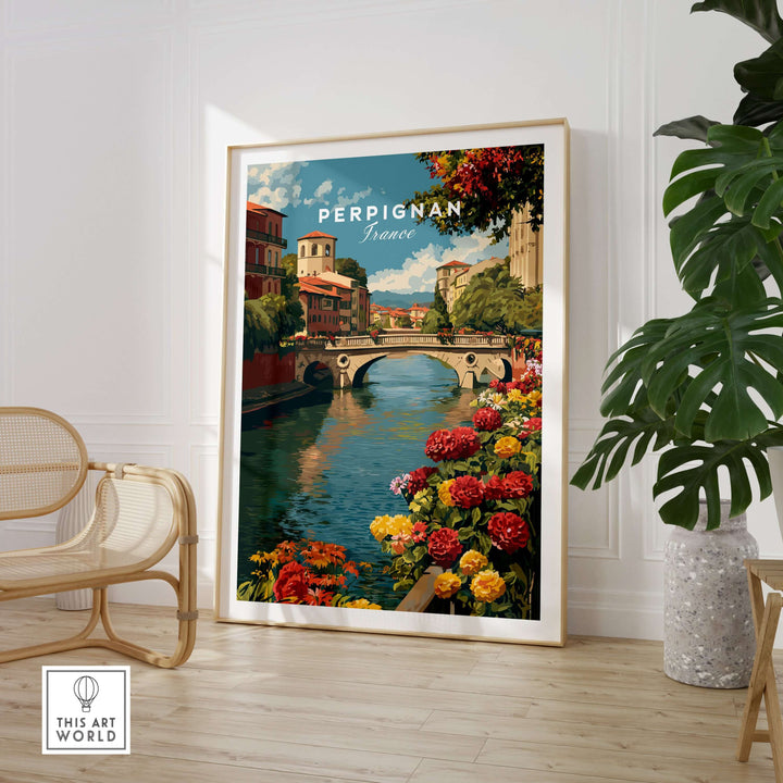 Perpignan cityscape art print featuring the River Le Basse and vibrant flowers in a stylish living room decor.