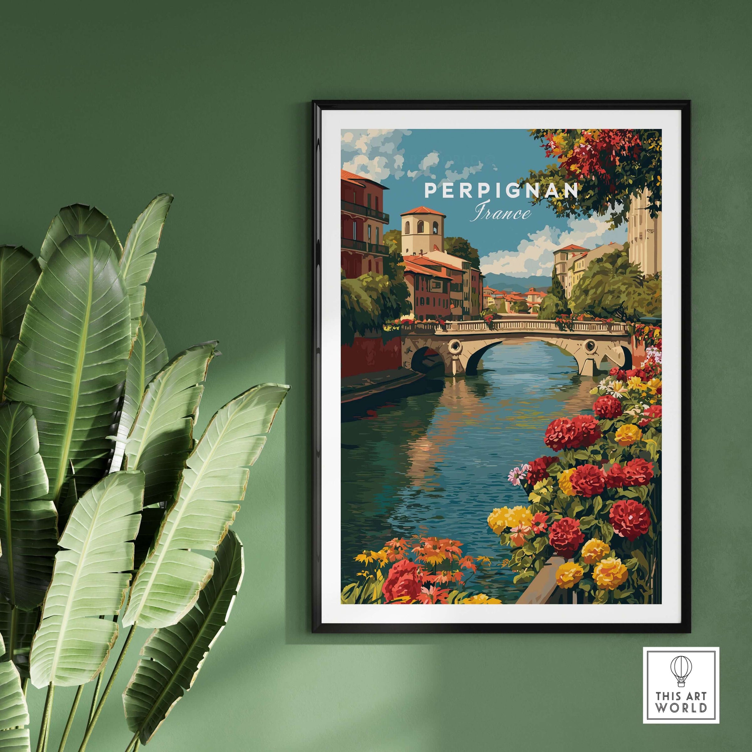 Perpignan Cityscape Art Print - French Village Poster - River Le Basse Wall Decor Featuring scenic views of Perpignan, France.