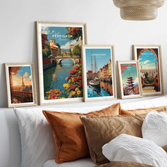 Perpignan Cityscape Art Print - French Village Poster - River Le Basse Wall Decor displayed in a stylish interior setting.