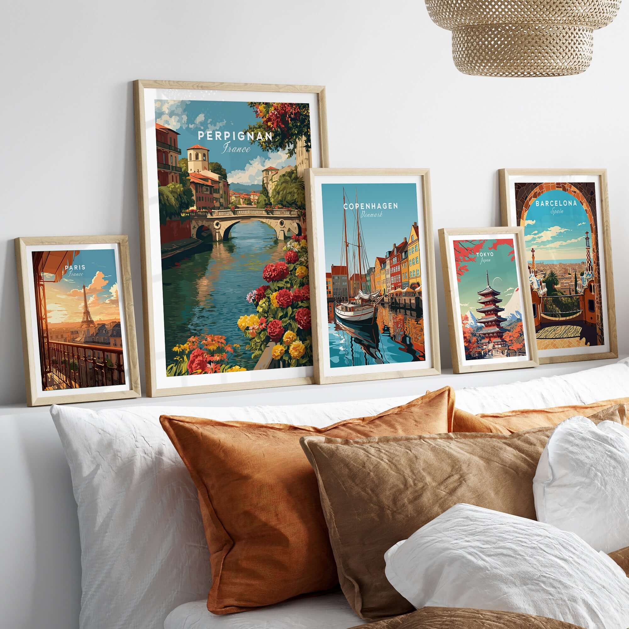 Perpignan Cityscape Art Print - French Village Poster - River Le Basse Wall Decor displayed in a stylish interior setting.