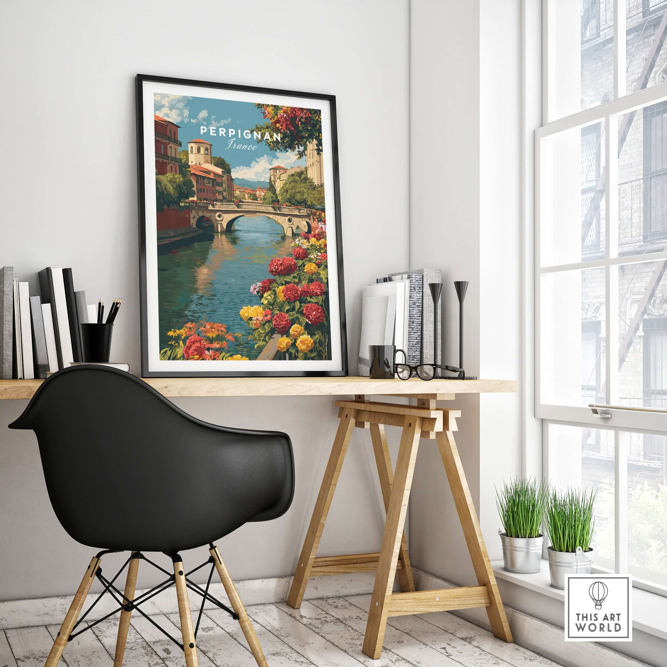 Perpignan Cityscape Art Print - French Village Poster - River Le Basse Wall Decor displayed in a modern workspace.