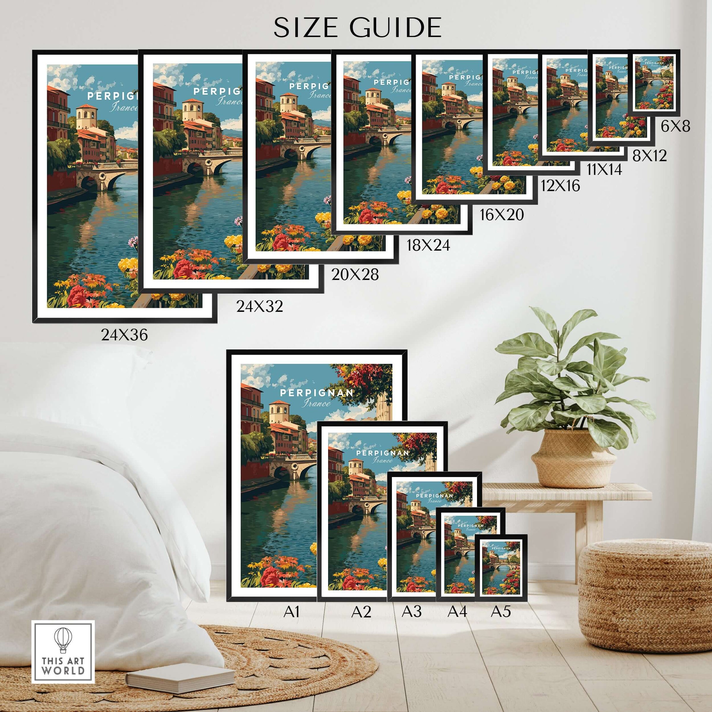 Perpignan Cityscape Art Print - French Village Poster - River Le Basse Wall Decor Size Guide with various frame sizes.