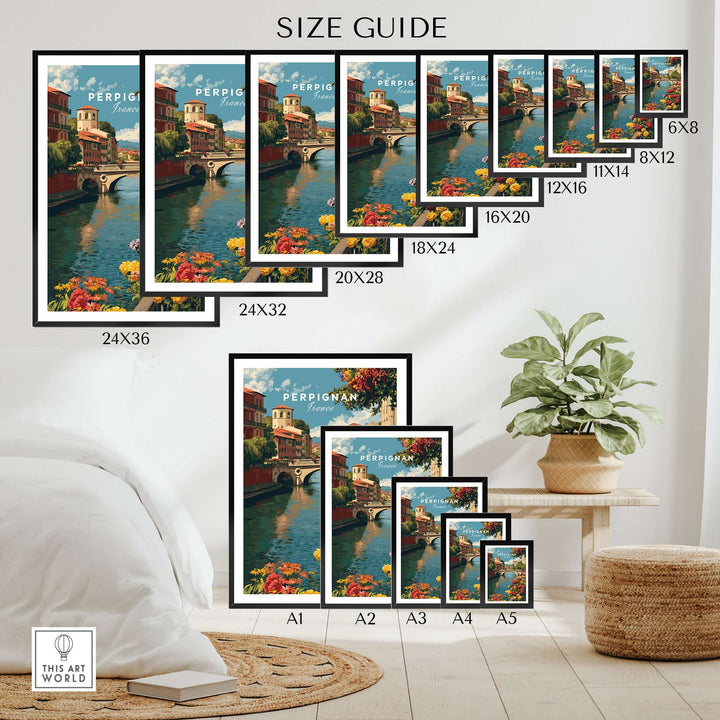 Size guide for Perpignan Cityscape art print featuring dimensions for various frame sizes and styles.