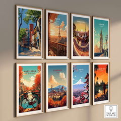 Perpignan Art Print - French Village Poster - Colorful Houses Wall Decor displayed with other city art prints.