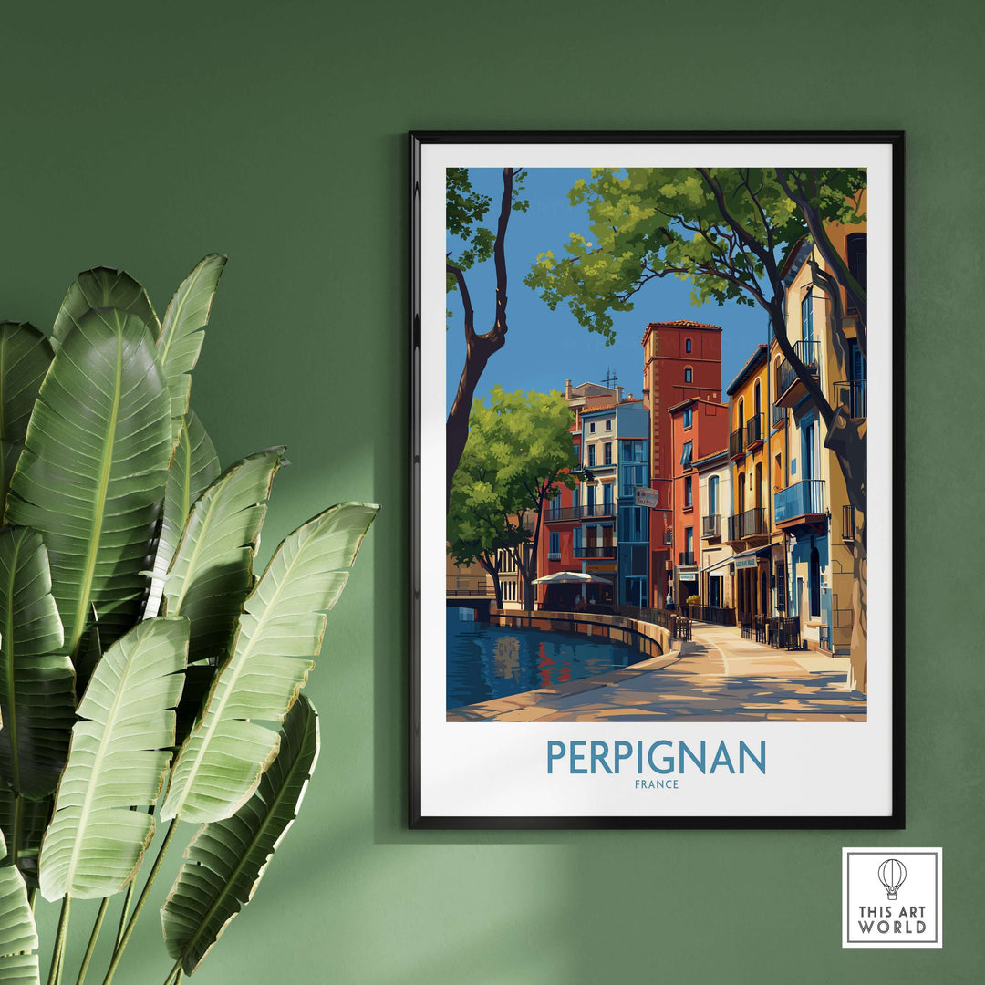 Perpignan poster print featuring colorful French buildings and canal, perfect wall art for home or office decor.