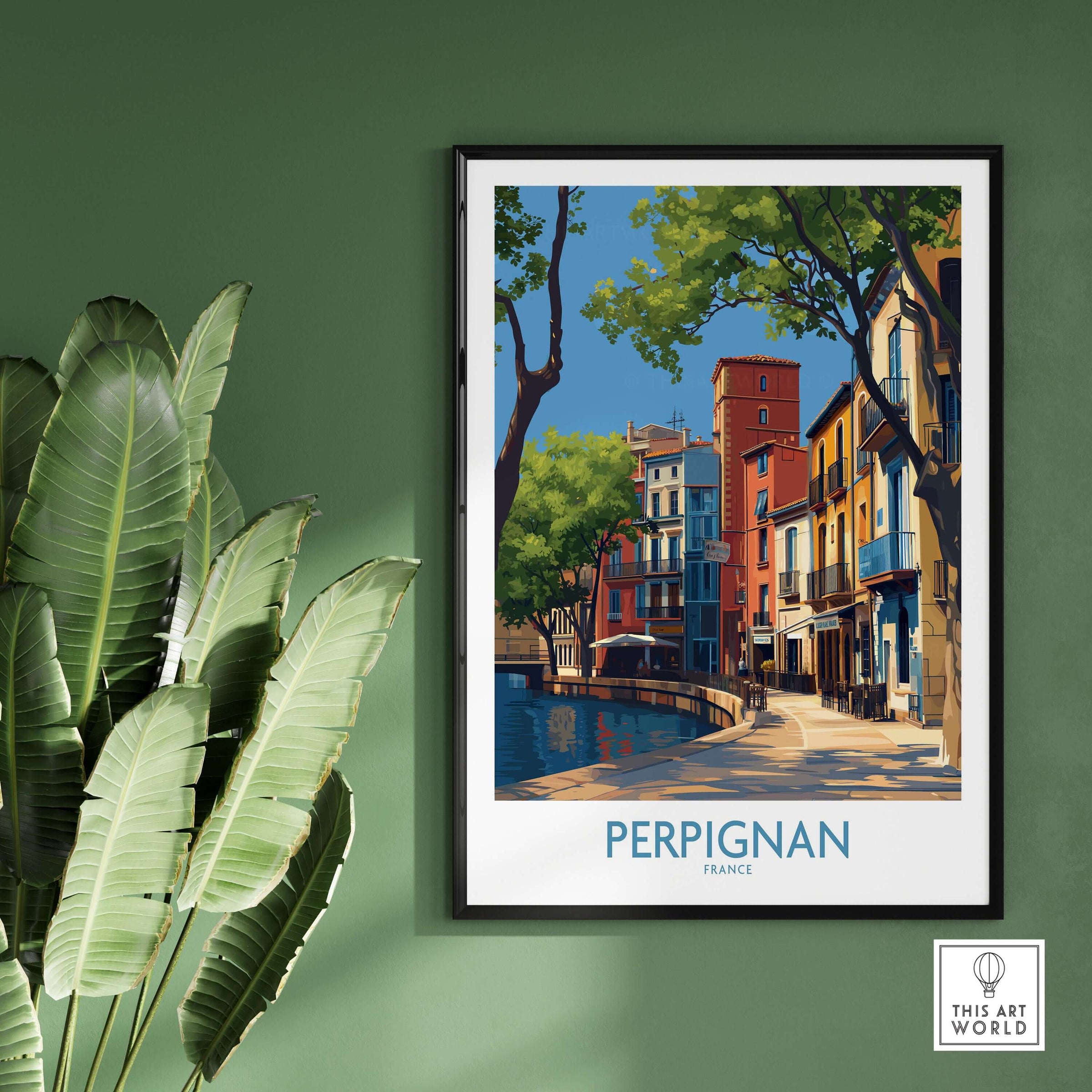 Perpignan Poster - France Travel Print - French Buildings Wall Art showcased in a framed wall decor setting.