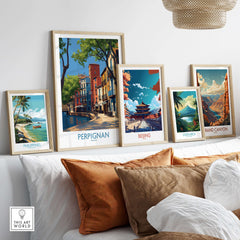 Perpignan Poster - France Travel Print - French Buildings Wall Art displayed with other travel prints on a stylish wall.