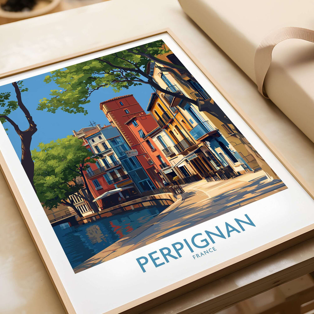 Perpignan poster art displaying colorful French buildings and canals, ideal for home or office decor.