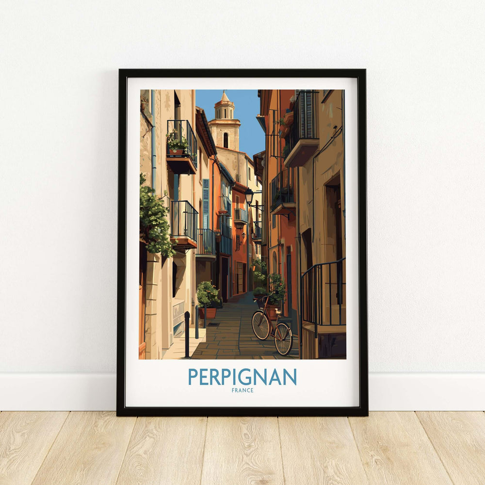 Perpignan travel poster featuring charming architecture and a bicycle on a sunny street in France.