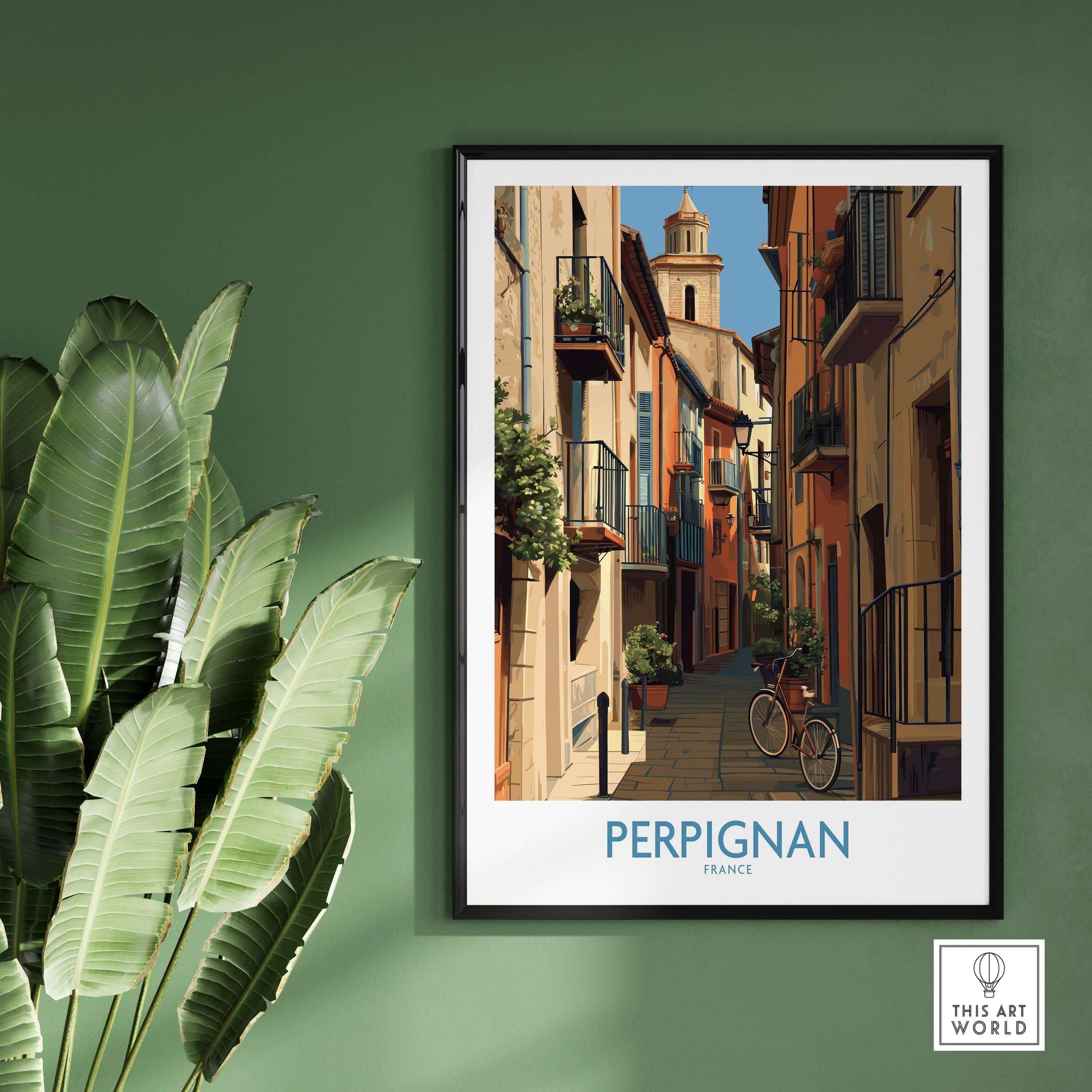 Perpignan Poster - France Travel Print - French Wall Art showcasing a charming street scene with vibrant architecture.